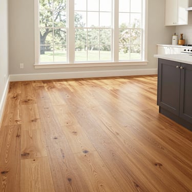 Modern kitchen featuring wide plank light oak hardwood flooring and large windows.