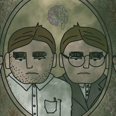 two men looking through a gas chamber window with the viewer trapped inside of it