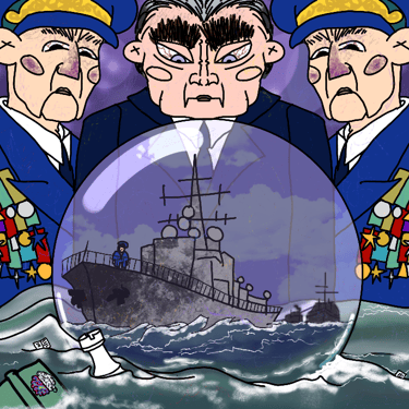 three war chiefs looking at a battle ship