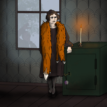 a classy lady in art deco style room standing near a safe