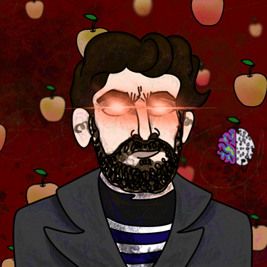 man portrait with apples raining all around him
