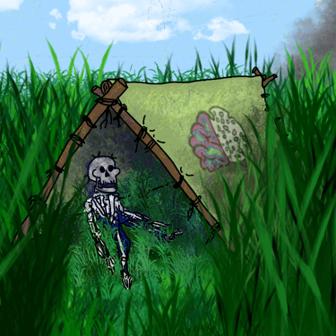 a skeleton in a tent in the middle of overgrown field