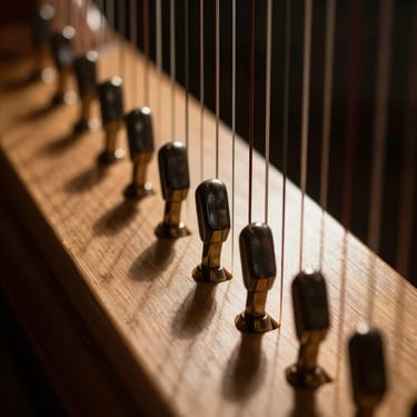Macro shot of harpsichord jacks and strings, warm brass tones, dark background, dramatic side-lighting