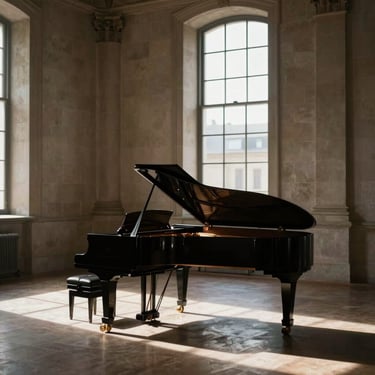 Atmospheric shot of a grand piano in an empty stone performance hall, dramatic window light, deep shadows