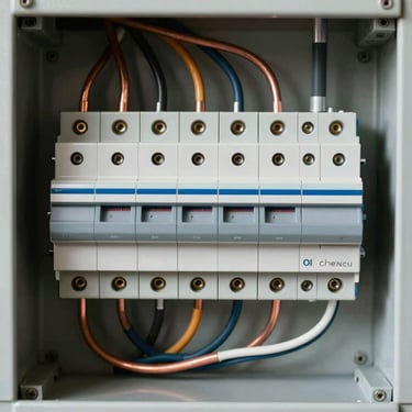 Macro shot of a perfectly organized residential breaker panel, neat copper wires routed symmetrically, bright natural light reflecting off clean metallic components.