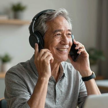 Un assistente sorridente di mezza età con le cuffie parla al telefono con espressione accogliente e paziente, sfondo sfocato di un ufficio domestico luminoso.