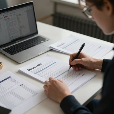 Deux personnes collaborant autour d'une table avec des documents administratifs canadiens, lumière douce, ambiance bienveillante.