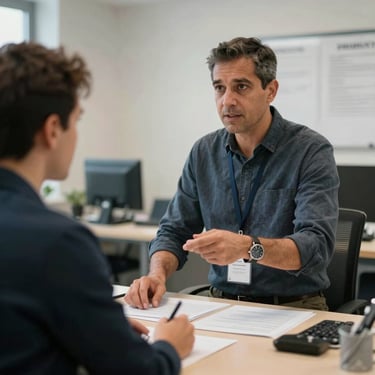 Un mentor expliquant des consignes de sécurité à un nouvel employé devant un plan de travail propre, entraide et transmission.