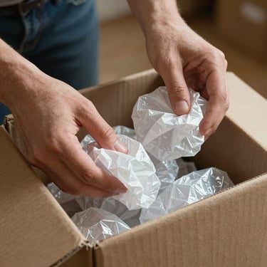 Gros plan sur des mains protégeant un objet fragile avec du papier bulle dans un carton de déménagement, précision et soin.