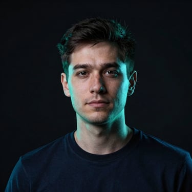 Studio portrait of a senior Kotlin developer, dark background, soft cyan rim lighting, high-contrast tech aesthetic.