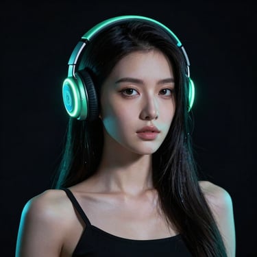 Studio portrait of a female mobile game designer, dark background, dramatic neon mint rim lighting, high-contrast tech aesthetic.