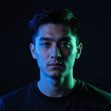 Studio portrait of a lead Android engineer, dark background, dramatic electric blue rim lighting, high-contrast tech aesthetic.