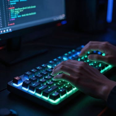 Close-up of developer hands typing clean dark-themed code on a mechanical keyboard, illuminated by glowing electric blue and neon mint monitor glow.