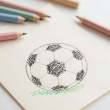 Close-up of a child's colorful soccer ball drawing on textured cream paper, soft natural light, pastel pencils, cozy child-friendly atmosphere