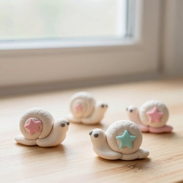Soft overexposed macro photo of small air-dry clay snails and stars painted in pastel pink and mint, sitting on a wooden table under gentle window light