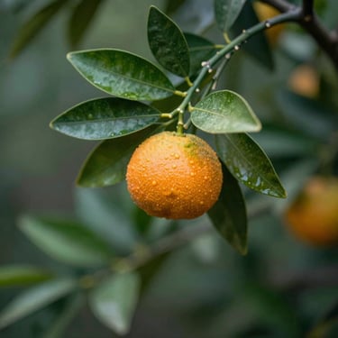 Close-up of a small, ripening citrus fruit on a branch, detailed leaves, soft morning daylight, rich forest greens and terracotta tones