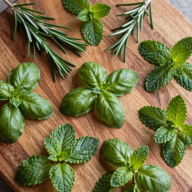 Overhead flat-lay of various fresh herbs (rosemary, basil, mint) on a wooden board, soft morning daylight, rich forest greens and terracotta tones