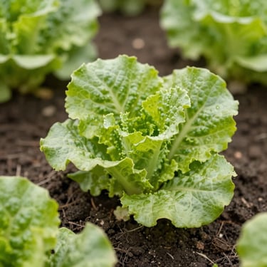 Close-up of vibrant green lettuce leaves in rich dark soil, soft morning daylight, macro depth of field