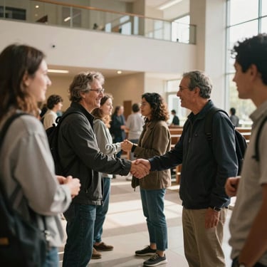 Warm daylight shot of a modern church lobby, people greeting each other warmly with handshakes and smiles, candid documentary style, natural lighting.