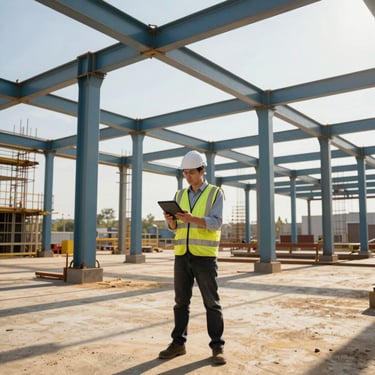 Technical project manager looking at a tablet on an active industrial construction site, midday sun, steel structures