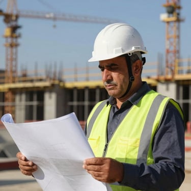 Close-up of an Iraqi senior civil engineer in a white hardhat and high-vis vest, holding blueprints, active construction site blurred in background