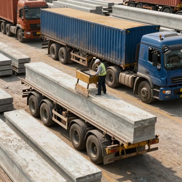 Logistics director supervising a fleet of heavy transport trucks loading concrete beams, industrial yard
