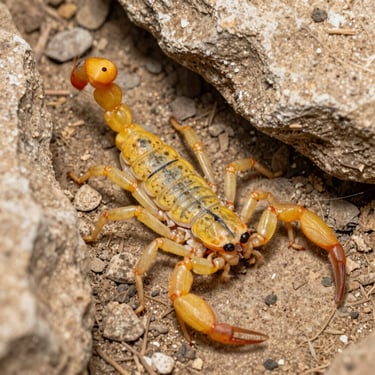 Macro photography of a yellow scorpion in a dry stone crevice, clinical bright lighting.