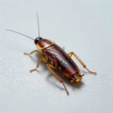 Macro photography of a German cockroach on a clean light grey clinical surface, high-contrast scientific lighting.