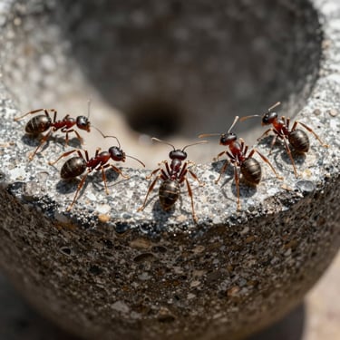 Macro photography of Argentine ants crawling on old stone mortar, bright high-contrast lighting.