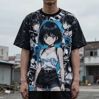 Model wearing a bold graphic anime shirt in a gritty urban environment, moody overcast daylight, 35mm lens