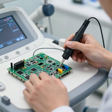 Hands of a certified engineer analyzing electronic connections and diagnostic probe of a high-end ultrasound system. Sharp focus, bright clinical lighting, technical precision.