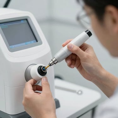 Technician inspecting the laser handpiece of an aesthetic clinical device. Close-up on the optical tip and calibration tools, clean bright medical office background, sterile daylight.