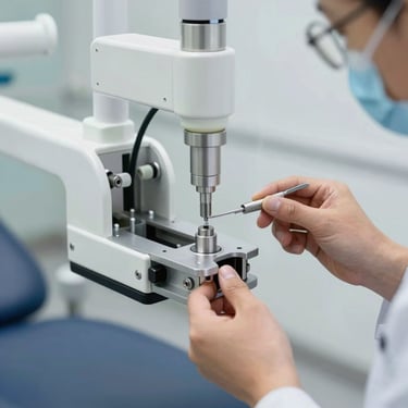 Close-up of an engineering specialist calibrating the mechanical joints of a modern dental chair unit. Sterile white environment, bright laboratory lighting, sharp focus on tools and metallic components.