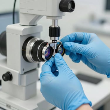 Tight close-up of a technician's hands in blue gloves adjusting fine optical lenses on a modern ophthalmology diagnostic device. Bright, sterile clinical daylight, high clarity, focus on the mechanical precision.