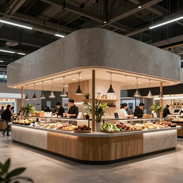 Modern culinary market hall with clean architectural lines, high-end food stalls, soft diffused overhead lighting, atmospheric editorial shot