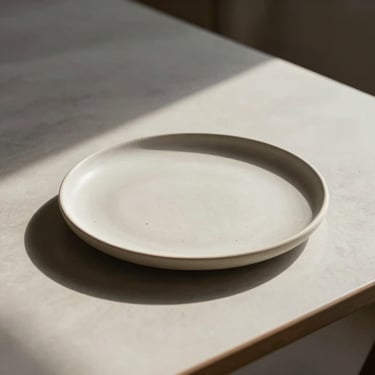 Soft side-lit view of a minimalist Scandinavian dining table with a single ceramic plate, natural shadows, editorial framing