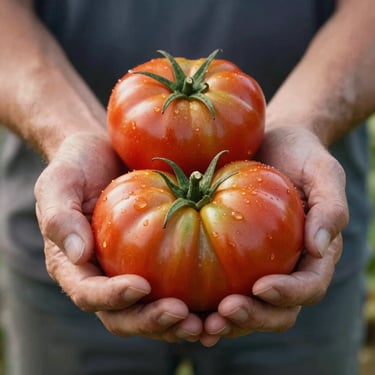 Close-up of farmer's hands holding organic heirloom tomatoes freshly harvested, soft morning light, rich soil textures