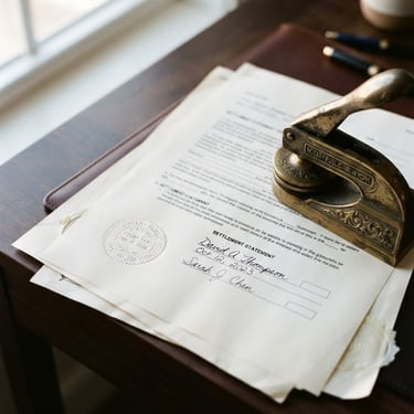 Close-up detail of signed technical legal documents and a brass notary stamp on a dark wooden desk, soft natural window light, sharp focus, 35mm