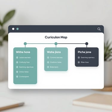 A clean, modern user interface mockup of an interactive curriculum map, showing nodes connecting learning objectives to weekly assignments, slate-teal and charcoal accents