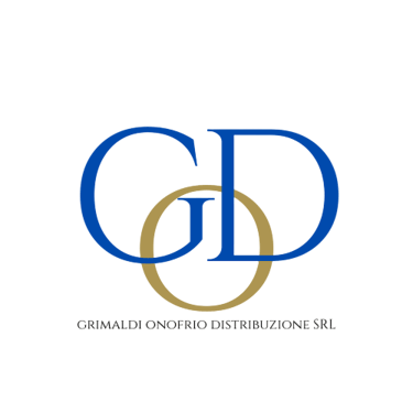 Grimaldi Onofrio Distribuzione SRL logo with blue and gold interlocking letters on a black background.