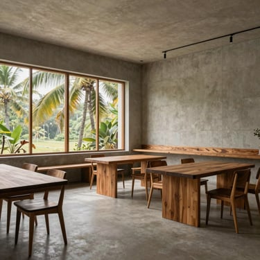 Wide-angle minimalist architectural photography of the N-DES design studio in Kerala, soft tropical daylight filtering through large windows, teakwood furniture, concrete walls