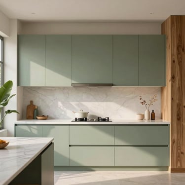 Minimalist modular kitchen in Kerala with sage green cabinetry and white marble counters, soft morning light