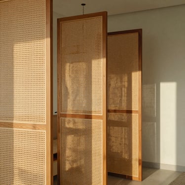 Detail of custom hand-woven cane and teakwood partitions in a minimalist Kochi apartment, warm afternoon shadows
