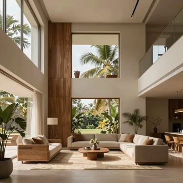 High-fidelity architectural 3D render of a double-height living space in Trivandrum, indoor-outdoor flow