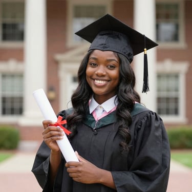 Smiling young Congolese student holding passport and documents in a bright office.