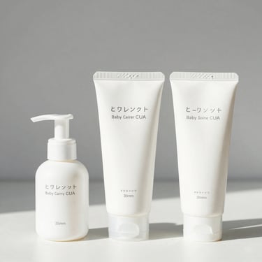 Modern Japanese baby skincare products, clean medical-grade packaging, soft natural daylight, professional product shot