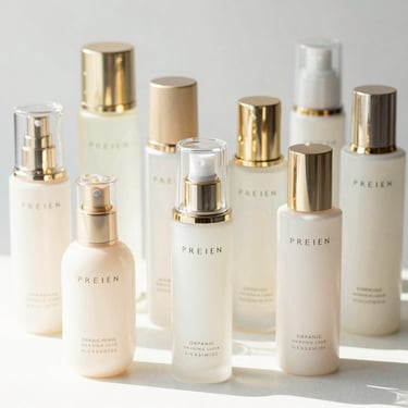 Premium Japanese organic cosmetics bottles arranged neatly, soft natural daylight, elegant gold accents, high-end studio shot
