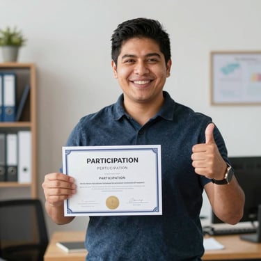 A smiling professional woman holding a certificate in an office setting.