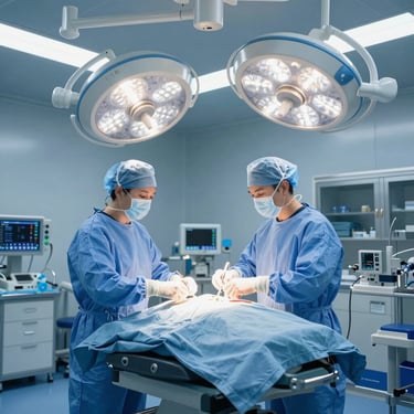 A state-of-the-art sterile operating room at Mater Dei Specialist Hospital in Enugu. Clean blue-toned medical equipment, advanced surgical overhead lights, and precise medical design, showcasing luxurious clinical standard.