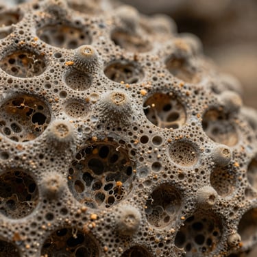 Macro high-resolution photography of complex natural textures resembling a rich biological ecosystem, with soft natural side lighting.
